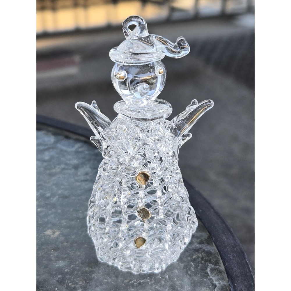 Spun Clear Glass Snowman Christmas Ornament 3.25"‎ Gold Trim Christmas House